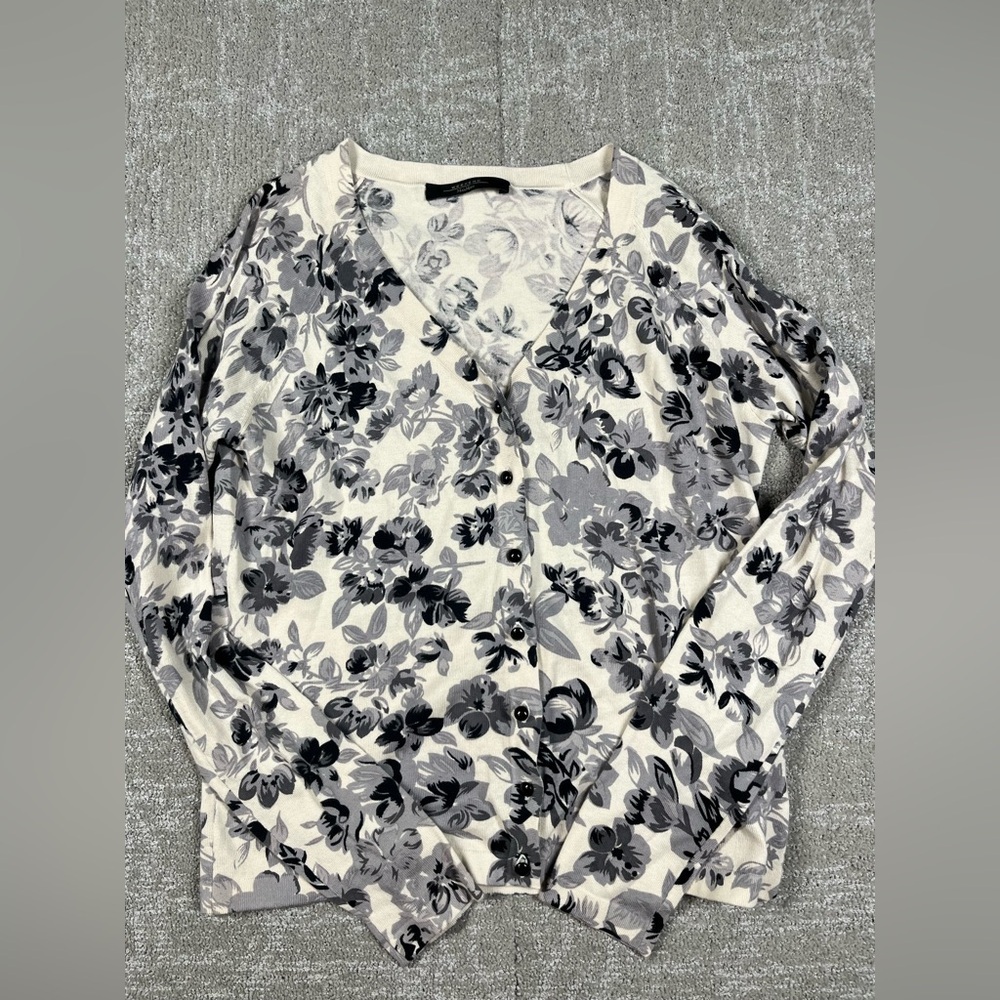 Weekend Max Mara Weekend White Gray Floral Cardigan Sweater Cotton Size Small